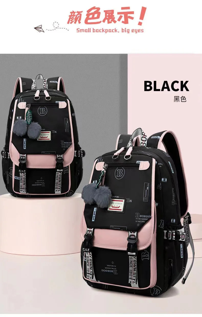 Large School Bags for Teenage Girls Canvas Schoolbag Student Book Bag Fashion Black Pink Teen School Backpack
