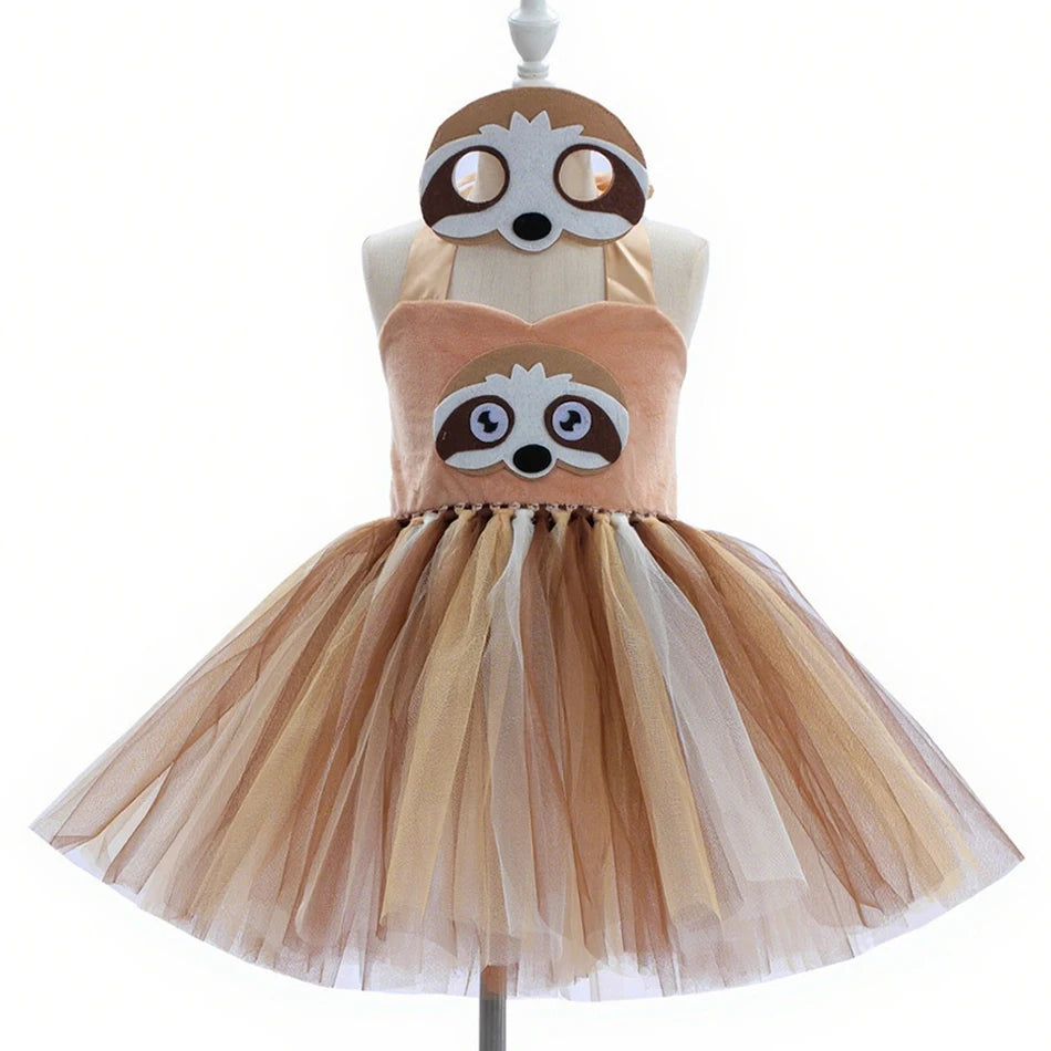 Girl Cartoon Raccoon Sloth Koala Piggy Rabbit Tutu Sling Dress Children Cosplay Festival Performance Dance Costume Headband Sets