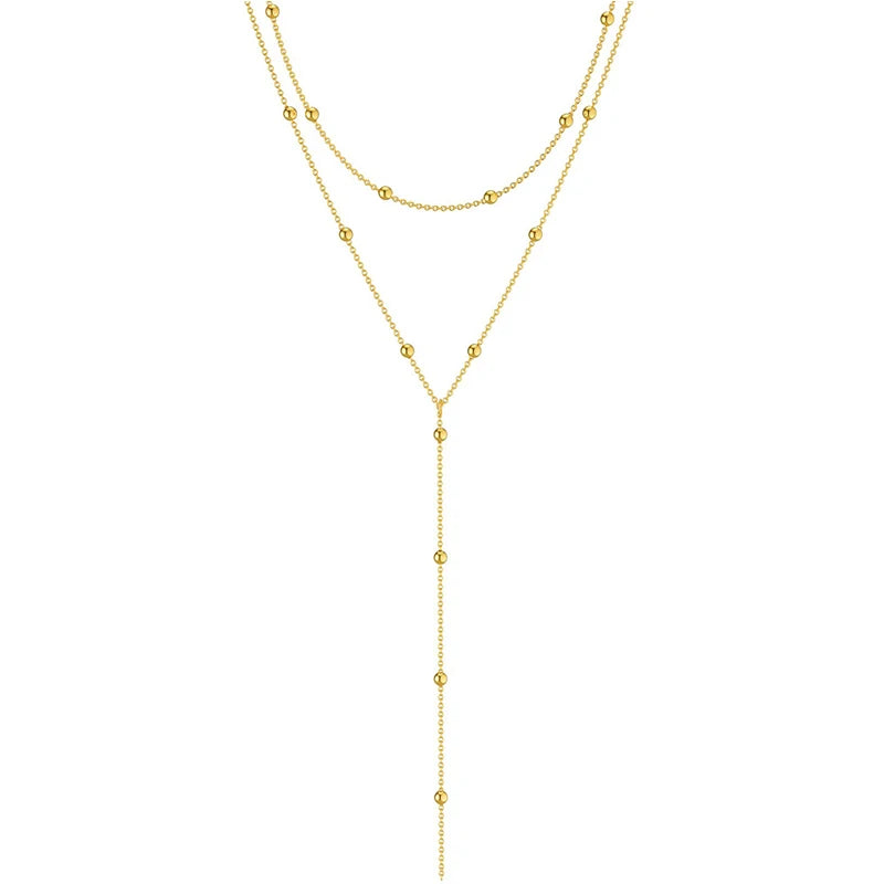 Dainty Long Necklace 14k Gold Plated Y-Shaped Pendant Necklace Trendy Layered Cz Beaded Necklaces Stainless Steel Jewelry