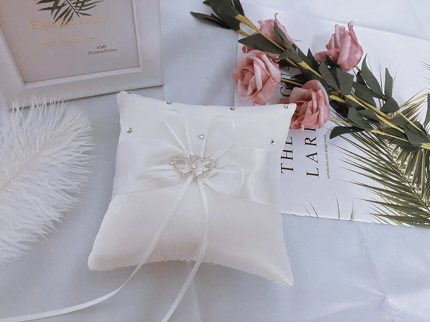 Ring Cushion Wedding Cushion Wedding Ring Cushion with Satin Wedding Decoration with Double Hearts Approx. 10 cm x 10 cm