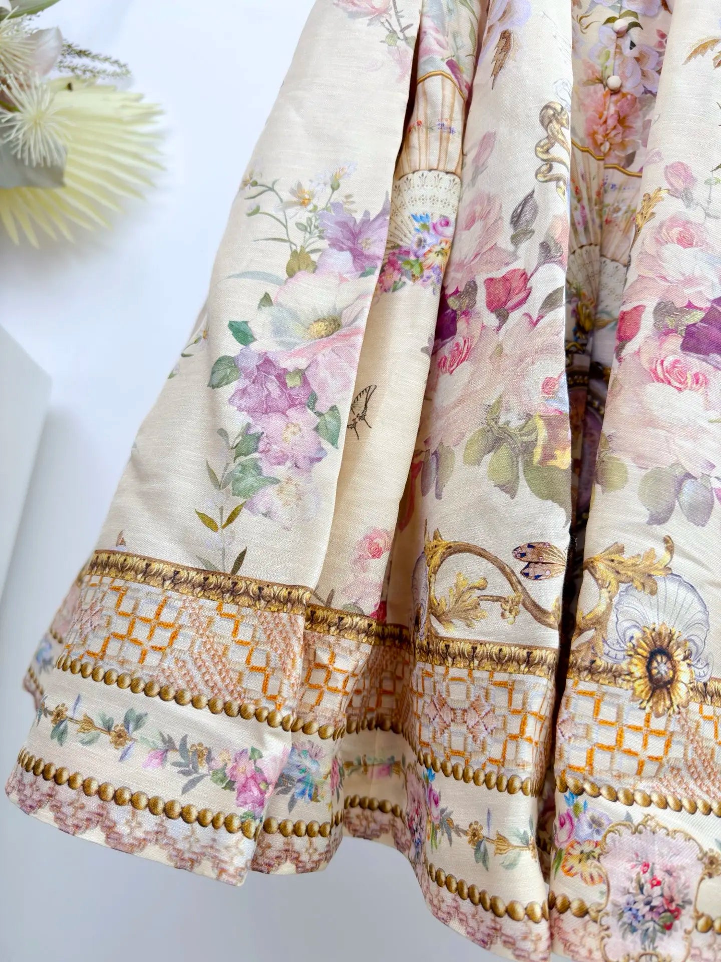 Women Silk Flower Printed Long Dress Heavy Beaded V-Neck Lantern Sleeve Loose Female dress