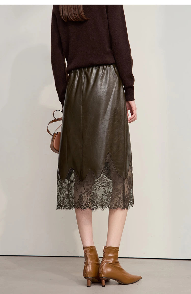 AMII Women's Skirt 2025 Autumn New Minimalist Versatile Clothing Ladies Leather Splicing Lace Solid A-line Midi Skirt 12543095