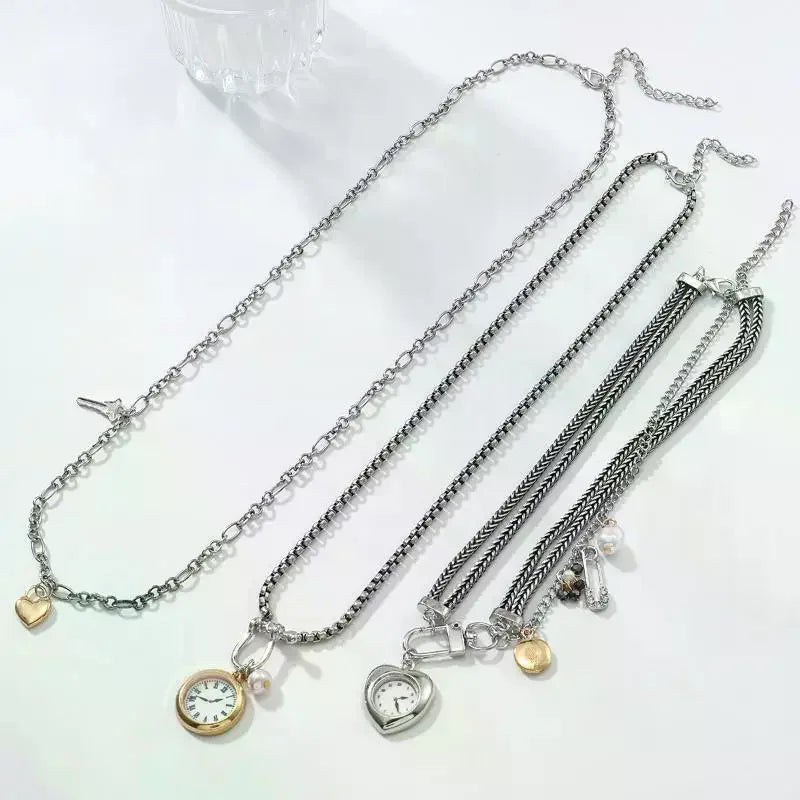 Necklace with Fashion Pin, Button Key, Heart Pendant for Women; Bohemian Multi-Strand Clavicle Chain Accessory