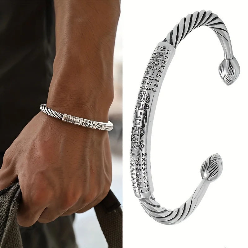 Sterling Silver Personality Retro Six-Character Mantra Leather Bracelet Fashion Woven Men's Bracelet