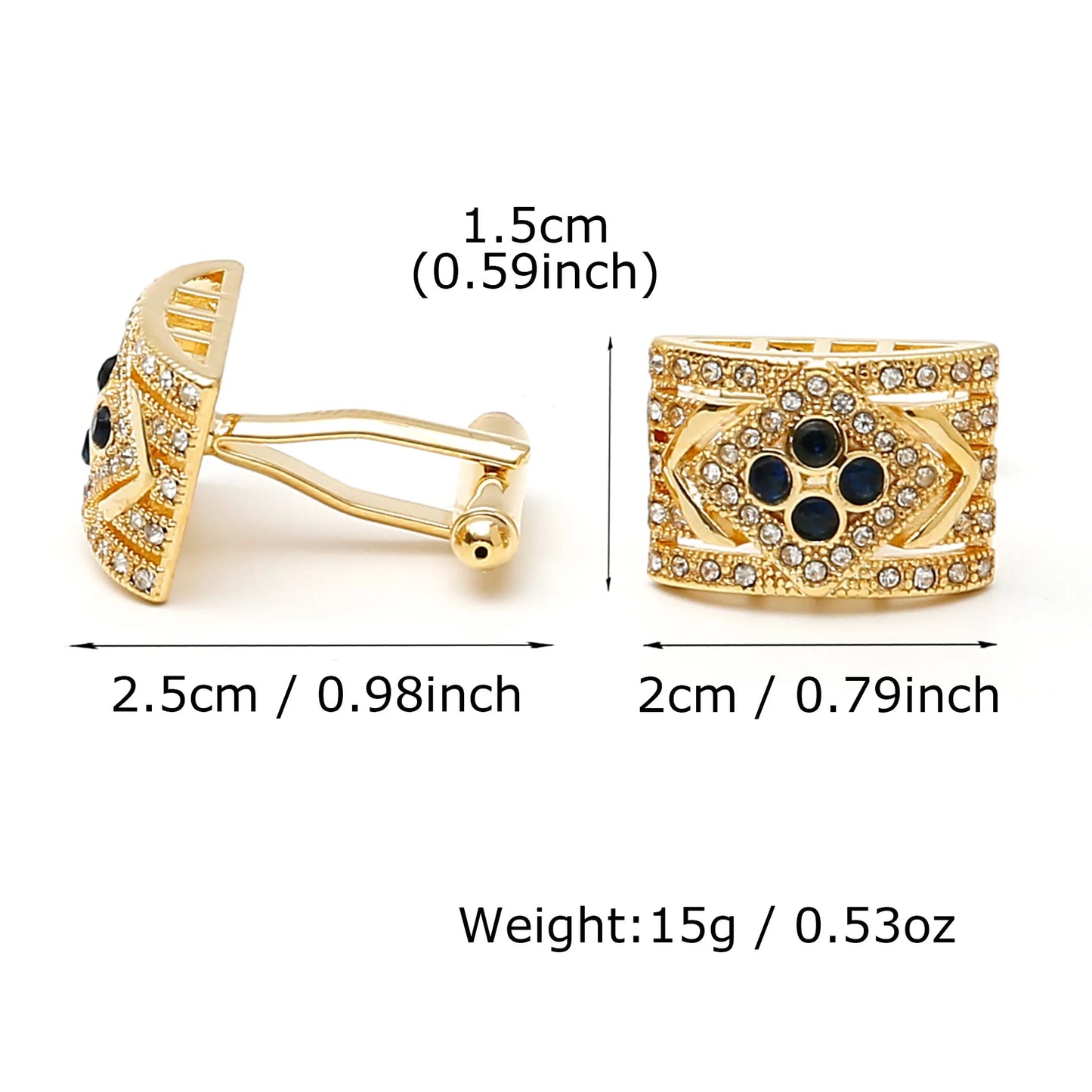 1 Pair Luxury Gold Cufflinks for Men - Black Zirconia Studded Dress Shirt Accessories
