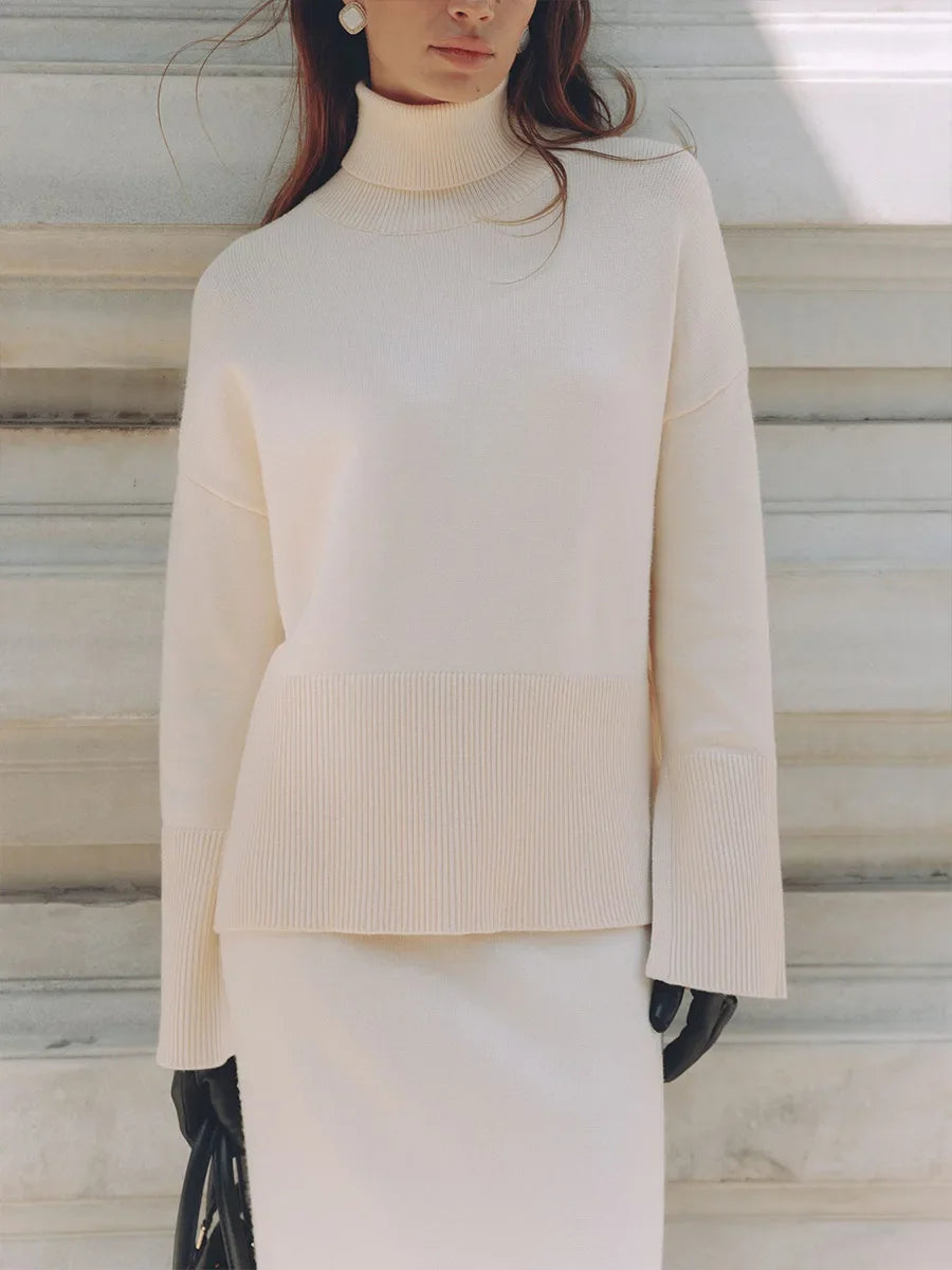 Wolfeel Winter New Thick Women's 2 Pieces Knitted Skirt Suits Soft Turtleneck Sweater Wide Skirt Knitted Outfit Stylish Warm