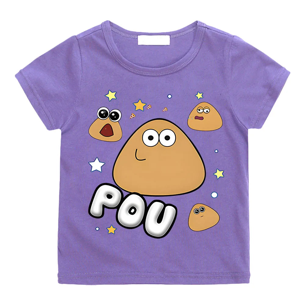 POU Kawaii Print Anime T-shirts Kids Cartoon Manga Tshirt Kawaii Comic Cotton Short Sleeve Boys/Girls T Shirt Teens Streetwear