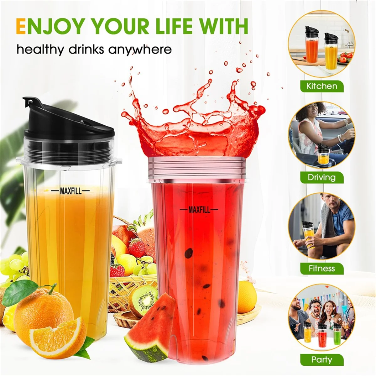Blender Replacement Parts for Ninja, 3 Pack 16oz Ninja Blender Cups Replacement with To-Go Lids for Nutri Ninja QB3001SS