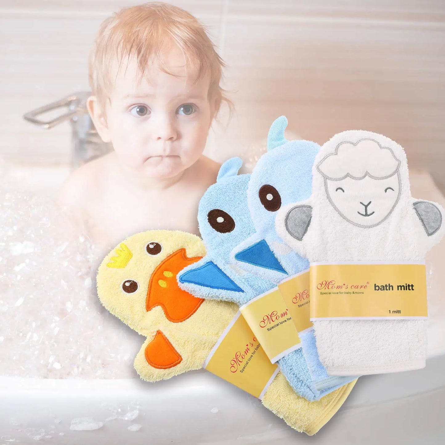 Baby Bath Mitt, Washcloths Gloves Designed in Nice Cute Animal Style,Cotton Towel Gentle Scrub for Baby Toddler Bath and Shower
