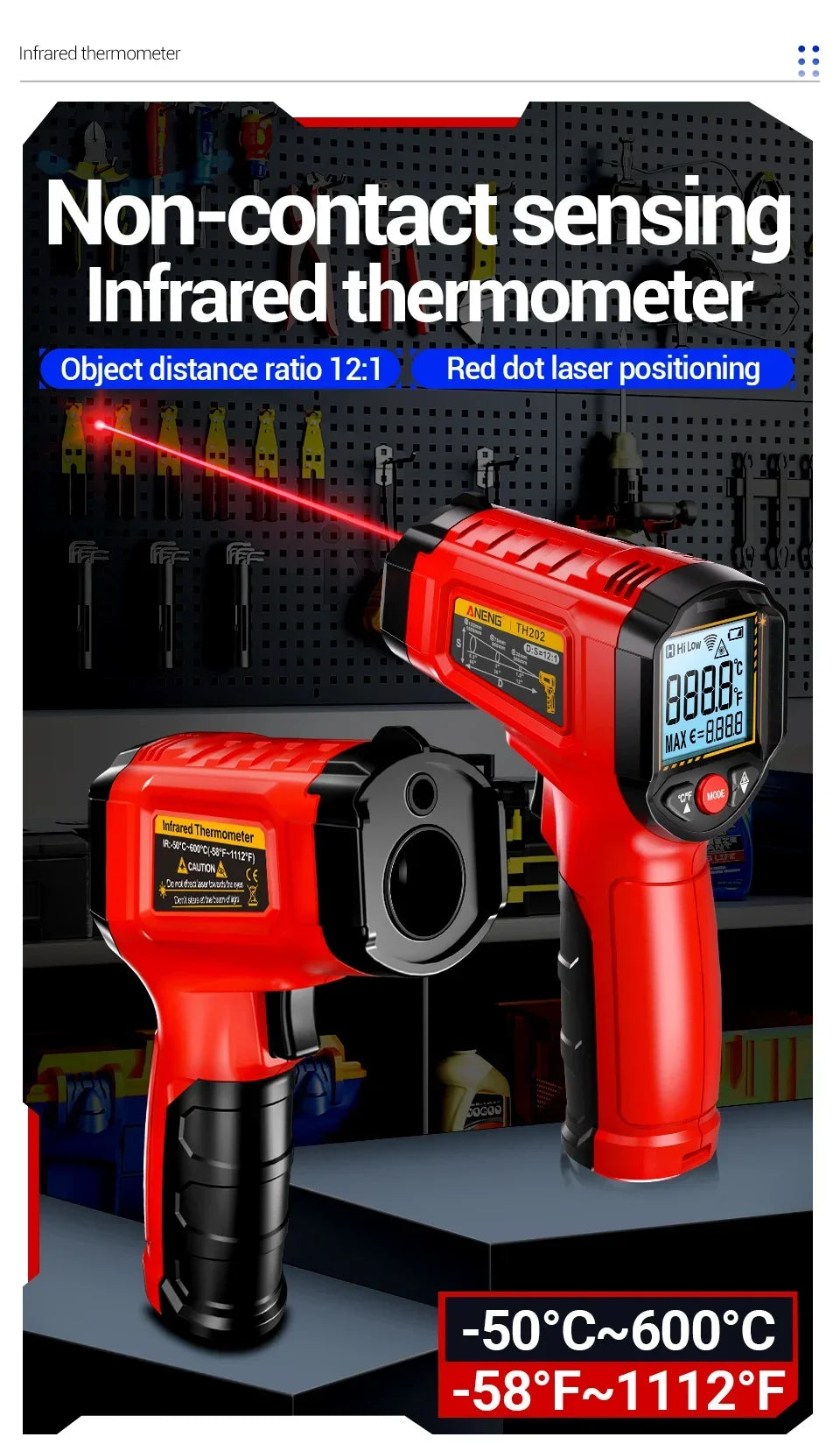 Infrared Thermometer ANENG Non-contact -50~600℃ Digital Laser Temperature Meter TH202 LCD display Pyrometer Point Gun Tester