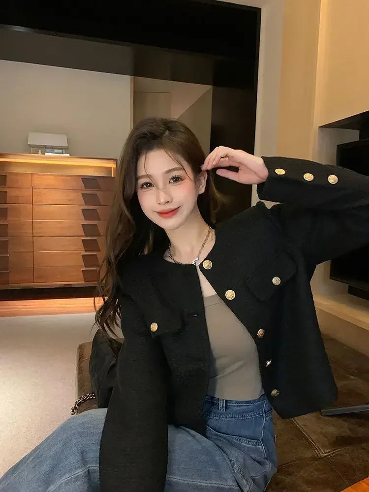 Wool Coat Women Jacket Short Autumn Winter Cardigan Long Sleeve Top Single Breasted Tweed Versatile Wool Top Full Sleeve 2024