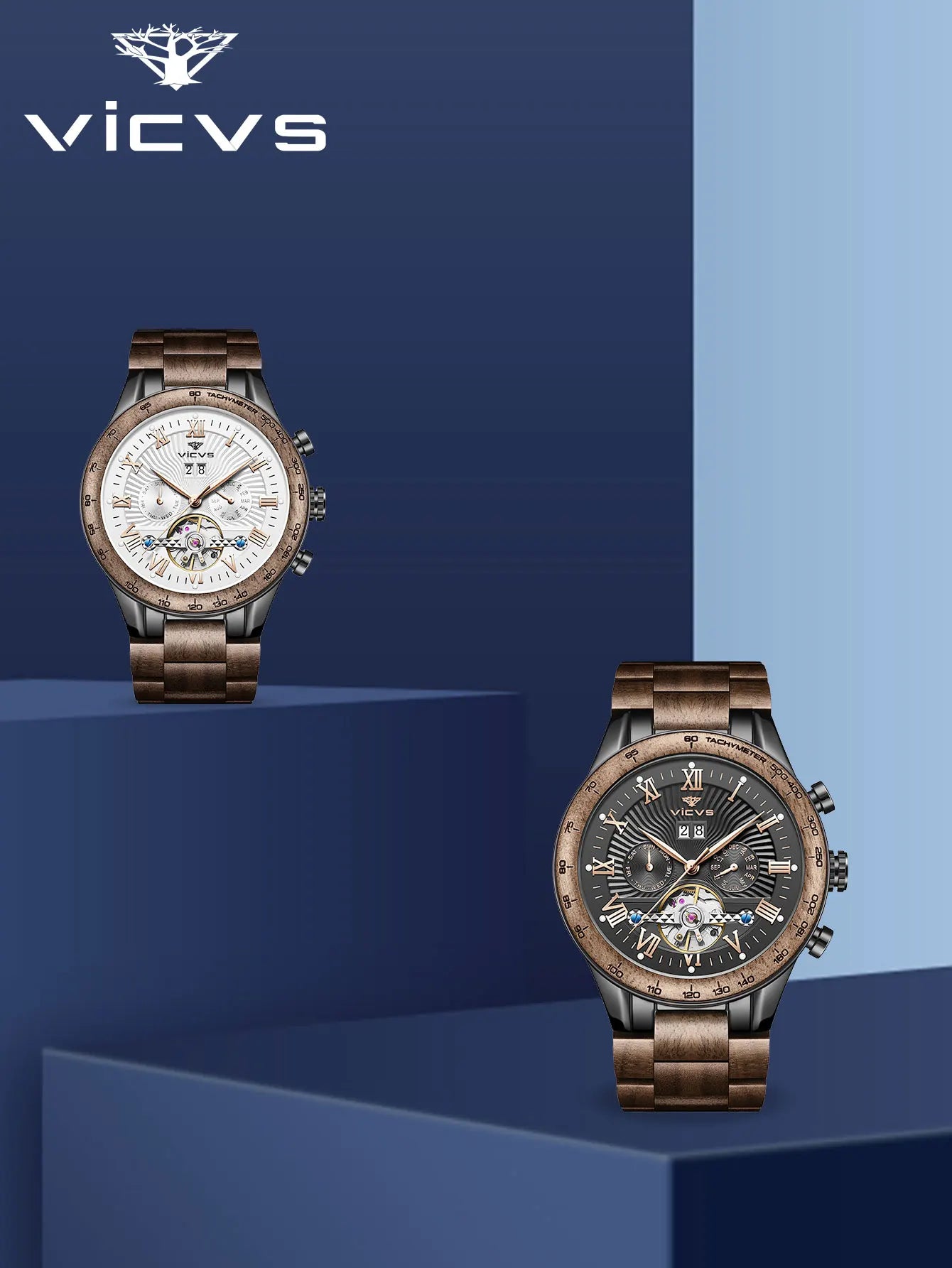 VICVS Walnut Men's Mechanical Watch for Him, Wooden Watches, Best Man Watches, Boyfriend Gifts, Dad Gifts Mechanical Watches