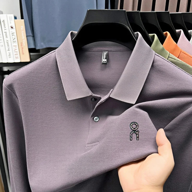 100% pure cotton polo shirt long sleeved men's brand fashionable embossed T-shirt sports breathable spring autumn casual new top
