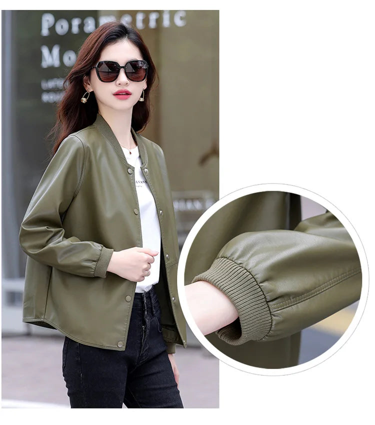 New Women Casual Leather Jacket Spring Autumn Fashion Patchwork V-Neck Single Breasted Loose Short Outerwear Split Leather