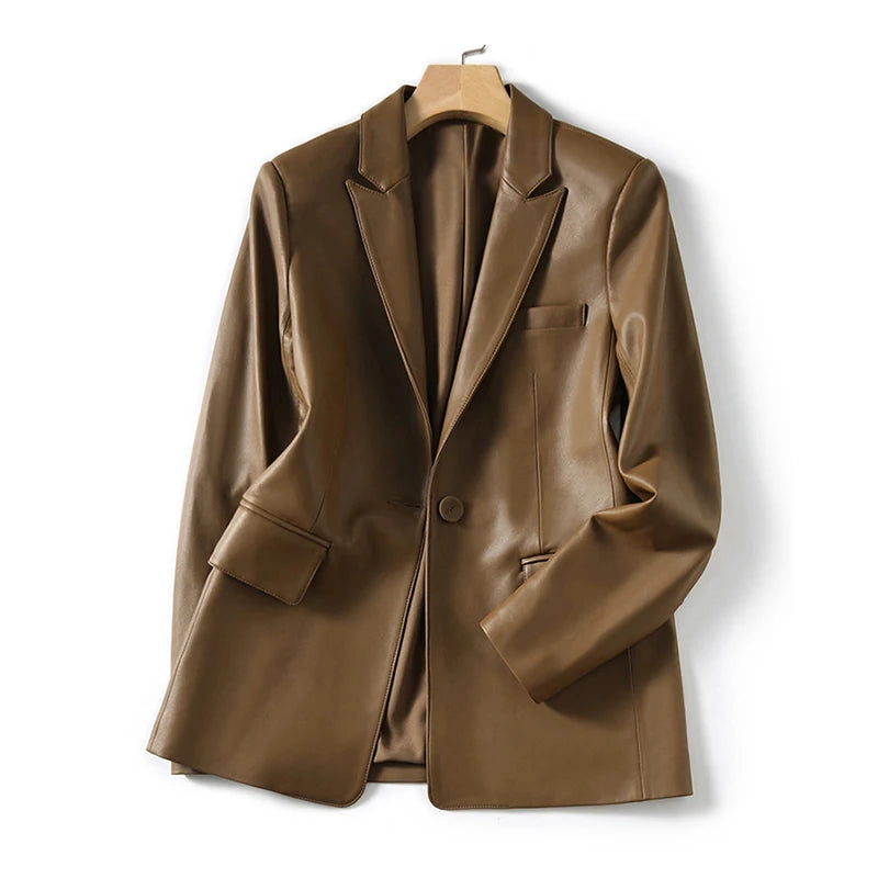 Natural Sheepskin Coat Blazer Mujer Single Button Suit Collar Chic and Elegant Woman Jacket Slim Camel Real Leather Topscoat