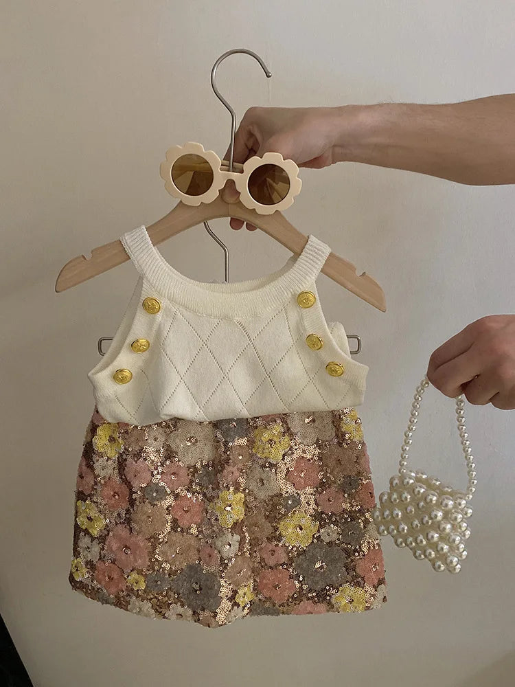 Summer Set Top 2024 New Girls Design Tank Top Flower Short Skirt Set Baby Girl Sweet Cute Temperament Clothes