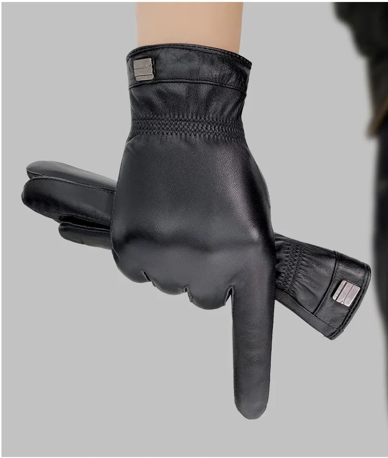 Genuine Leather Gloves (Men/Women): Fleece-Lined Warm, Thin/Thick Cotton, For Motorcycle Riding, Autumn/Winter,  Drop-Shipping