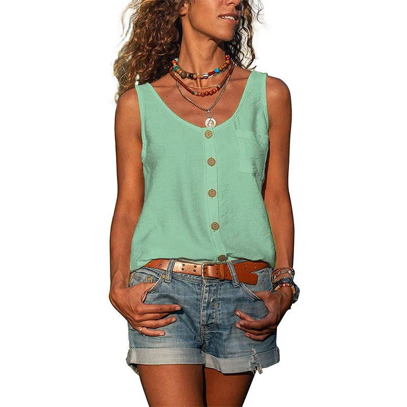 Women Summer Loose Vest Tops Buttons Chiffon Blouse Holiday T Shirt Casual Cami Tank Top Sleeveless Base V-neck Camisoles