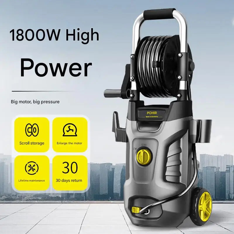 High Pressure Washer 130Bar 220V Home Use with Built in Reel Storage High Power 1800W for Cars & Floors Efficient Cleaning Power