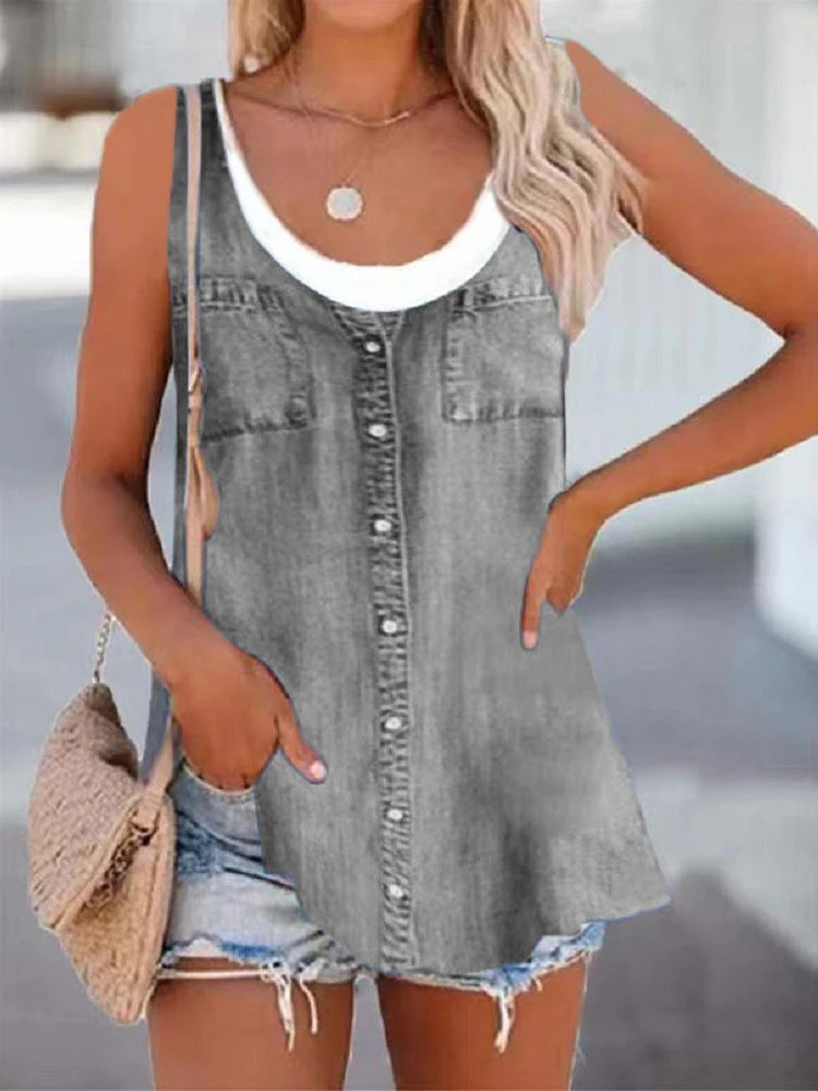 Summer New Tank Tops Fashion Loose O Neck T-shirts Imitation Cowboy Vest Women Casual Sleeveless Tops Blouse Street Wear