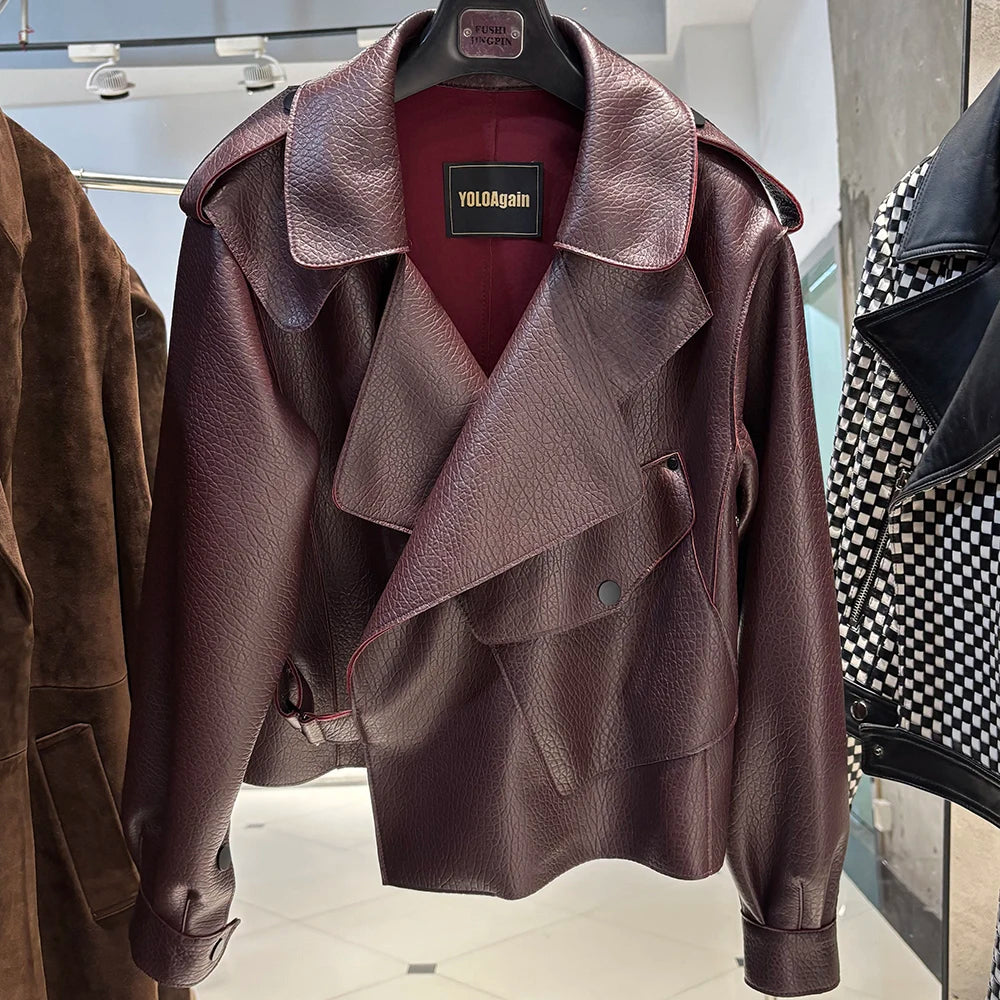 YOLOAgain Oversized Real Leather Jacket Women Sheepskin Coat