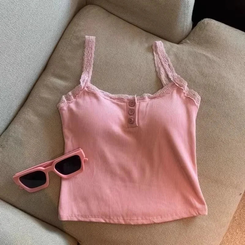 Summer Crop Tops Lace Tank Top Women Cropped Cute Camis  Lace Strap Patchwork Camisole Solid Color Sleeveless Buttons Tank Top