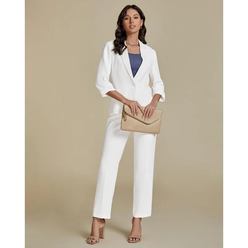 Pant Suits for Women Dressy 2 Piece Business Casual Outfits 3/4 Sleeve Blazer Straight Leg Pant Sets Office Work