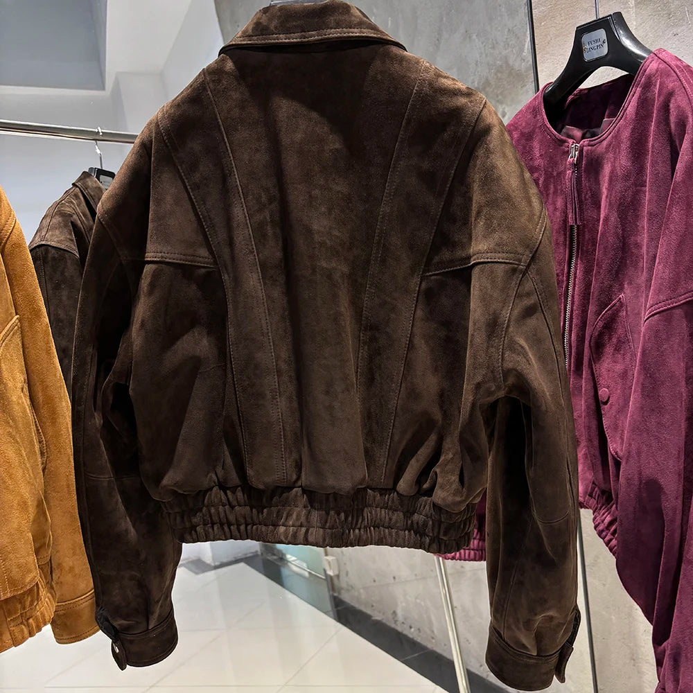 YOLOAgain 2025 Autumn Oversized Suede Jacket Women Real Leather Bomber Jacket Female