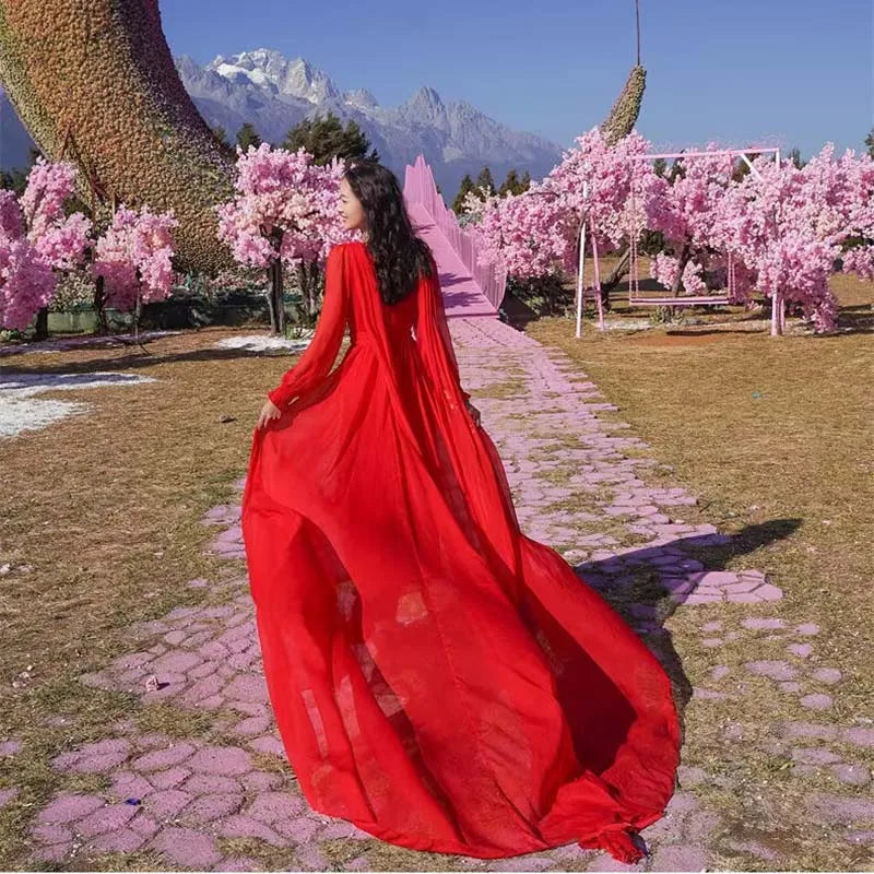 Spring/Summer Silk Dress with Charm Seaside Vacation Beach Dress Red Extra Long Tailed Long Dress White Elegant Graceful XQ26