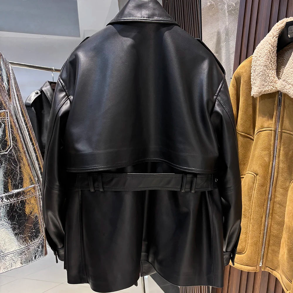 YOLOAgain Real Leather Suede Jacket Women Dark Brown Single Breasted Leather Coat With Belt
