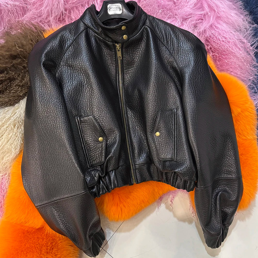 YOLOAgain Suede Leather Jacket Coat Women Real Leather Cropped Jacket Bomber Jacket 2025 Autumn