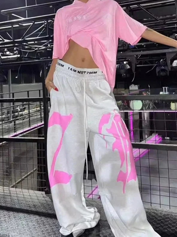 American Hiphop Street Dance Letter Print Loose Sports Pants Double Waist for Women Casual Wide Leg Pants Comfortable Fit