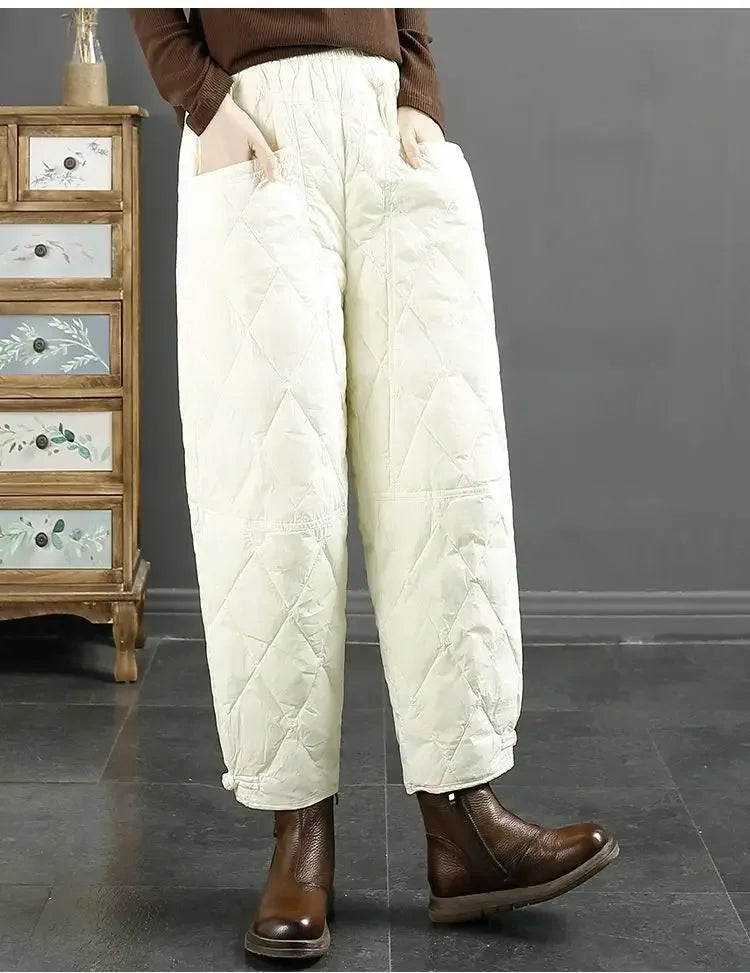 Vintage Quilted Pants Women Winter Warm Trouser Cotton-padded Pants Casual Design Pockets Elastic Waist Korean Chic Black Pants