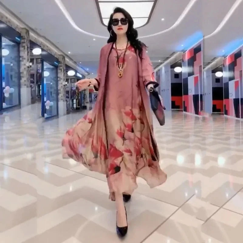 Authentic Silk Dress for Mother, Silkworm Loose Dress, High-End Print, 2-Piece Dress, Women's Dresses, Spring, Summer, New, 2023