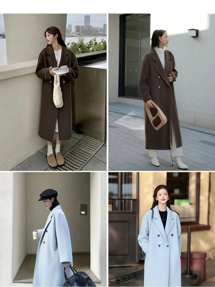 SENTUBILA Women's 100% Wool Double-Faced Coat Winter 2025 Suit Lapel Collar Classic Commuter Style Long Overcoat W54OA8779