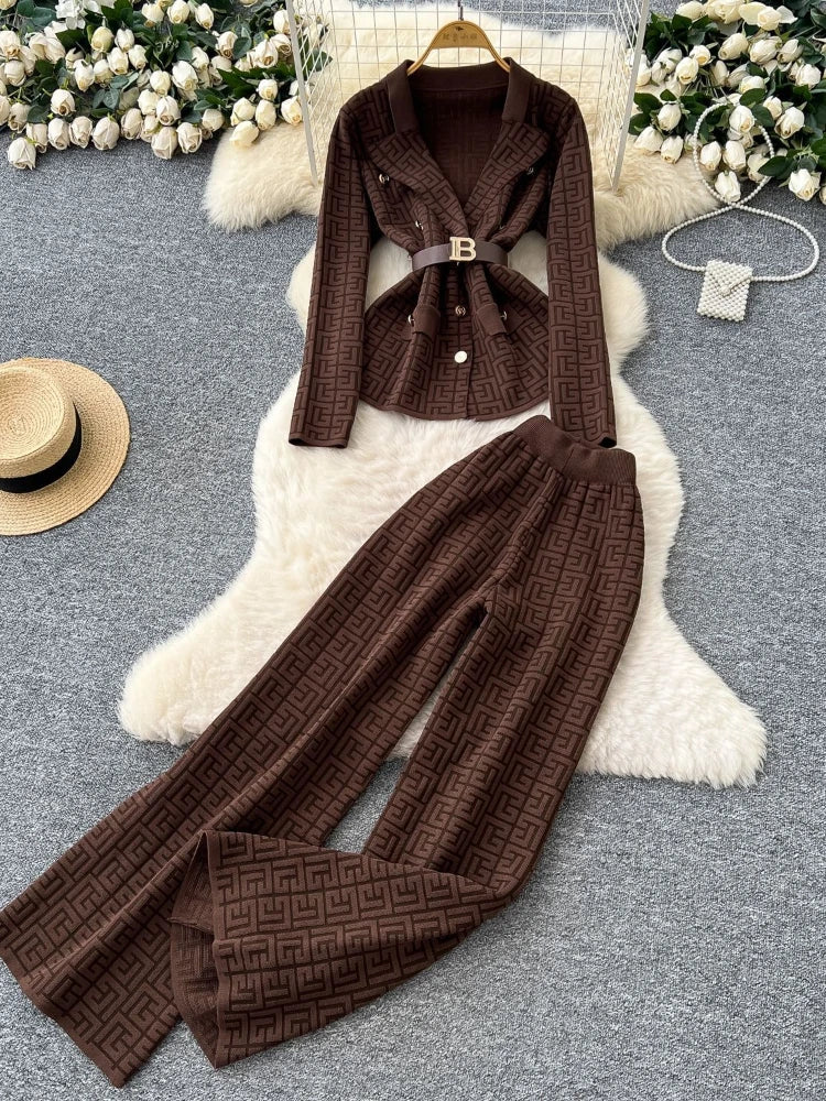 Pant Set Women Two Piece Sets Turn Down Collar Full Sleeve Tops Wide Leg Long Pants High Elastic Waist Y2k Streetwear Elegant