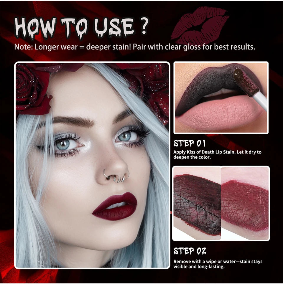 Lakerain 4pcs Kiss of Death Lip Stain Kit  Blood-stained Lip Look Long Water Proof Matte  DEVILS KISS WITCH'S CURSE Gothic Makeu