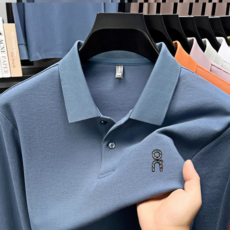 100% pure cotton polo shirt long sleeved men's brand fashionable embossed T-shirt sports breathable spring autumn casual new top
