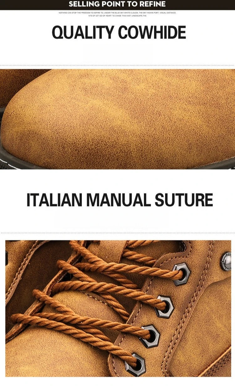 Men's High-Top British Style Motorcycle Boots Durable Cowboy Ankle Shoes Rugged Casual Non-Slip Leather Outdoor Work Footwear