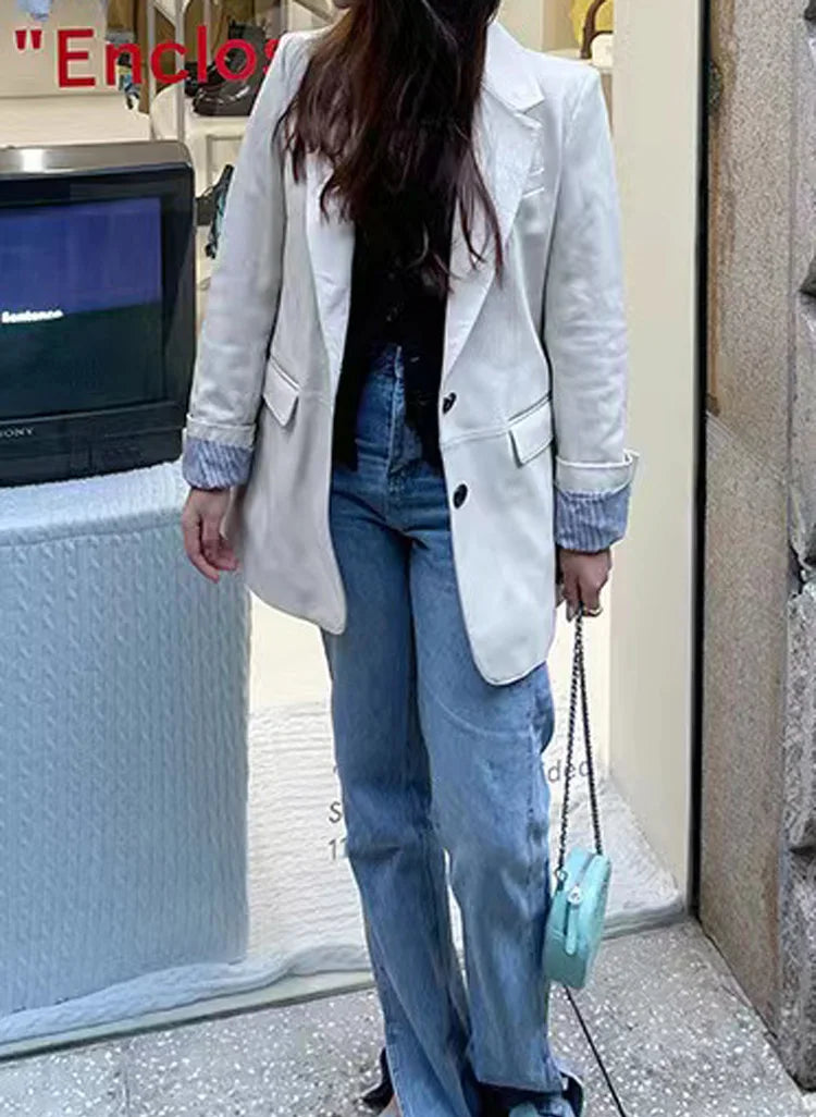 European American Streetwear Leather Jacket For Women Chic Loose Fit Suit Coat Female Flip Pocket Two Bottons White Blazer Mujer