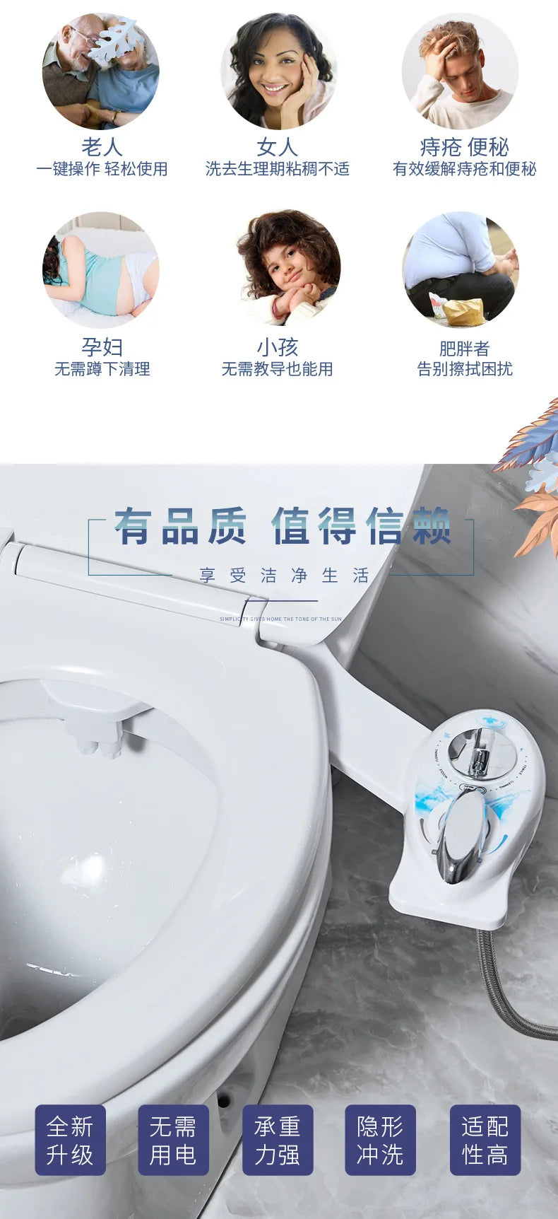 The Left Hand Bidet Non-Electric Bidet Self Cleaning Dual Nozzle (Frontal and Rear Washing) Water Bidet Toilet Seat Attachment
