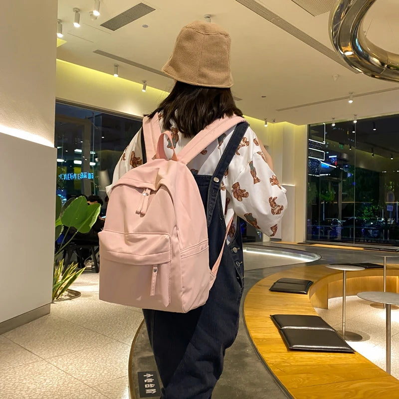 Simple Solid Color Backpack Women 2022 Waterproof Nylon School Bags For Teenager Girls Bookbag Lady Travel Backbag Shoulder Bag