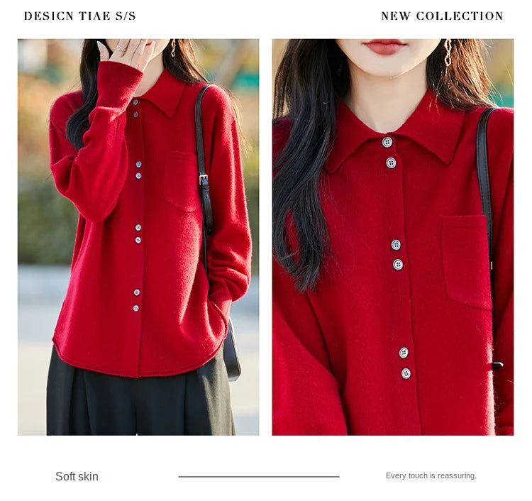 POLO Collar Wool Sweater 100 Pure Wool Spring And Autumn New Knitted Women Loose And Slimming Cardigan ZA682