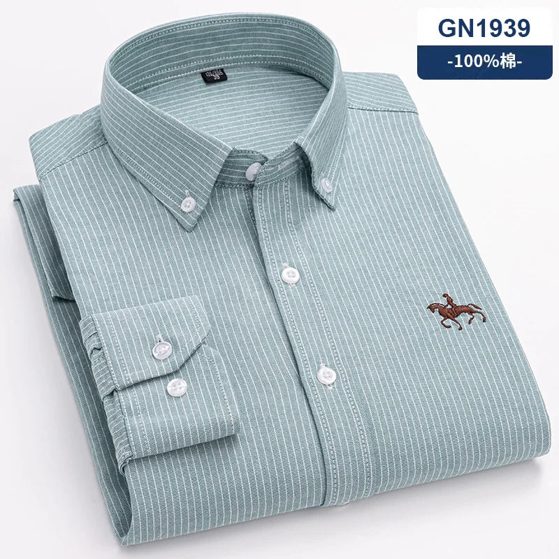 S-6XL Casual Pure Cotton Oxford Mens Shirts Long Sleeve Embroidery Horse Design Regular Fit Fashion Button Man White Dress Shirt