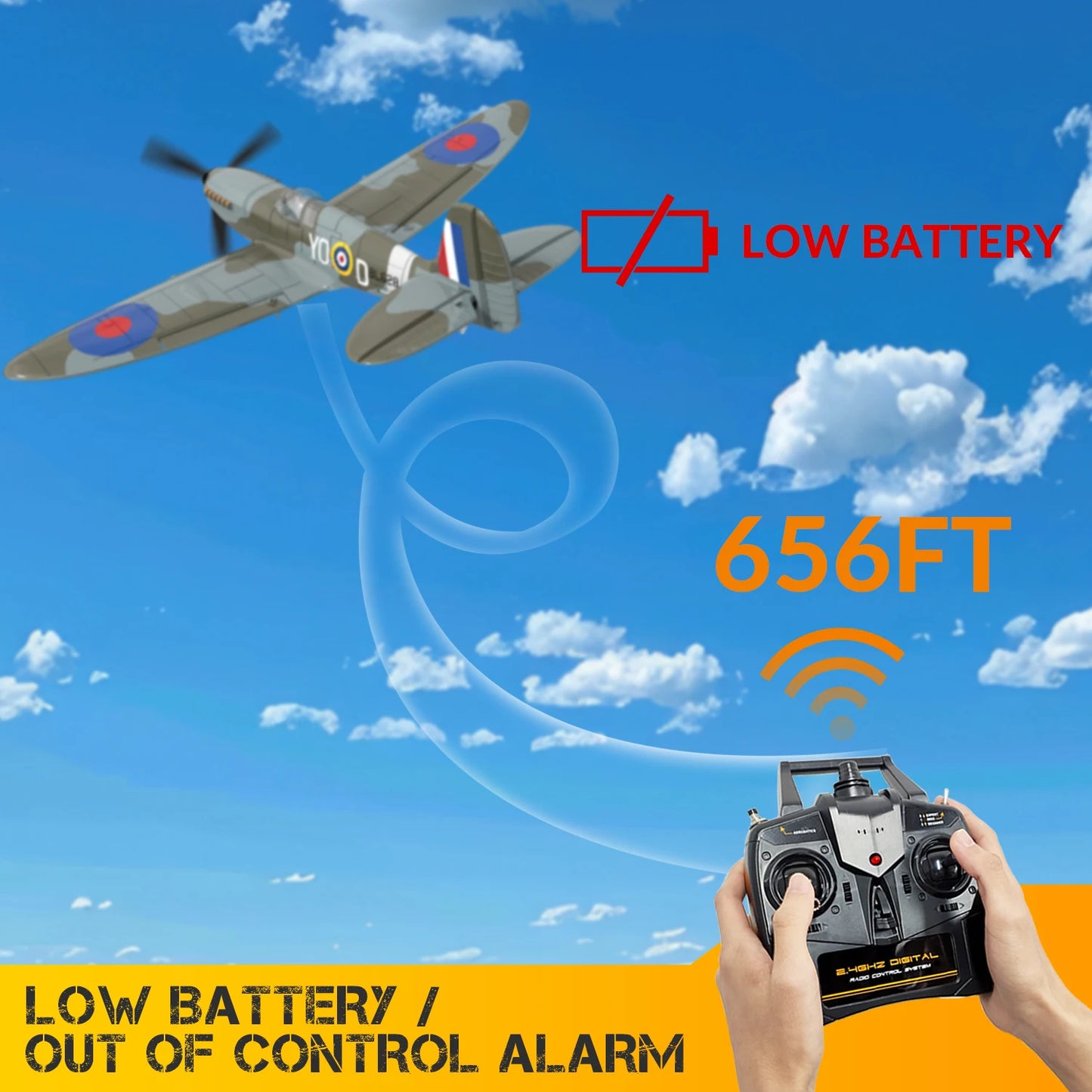 Volantex New Spitfire RC Plane EPP 400mm Wingspan RC Fighter One Key Aerobatic 2.4G 4CH RTF Warbird Plane