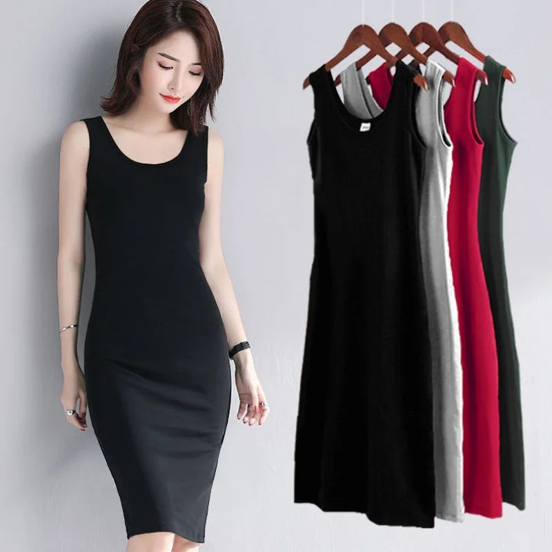 Summer Tank Top Style Dress Women Simple All-match Solid Color Package Hip Slim Sleeveless Dresses Commuting Style Midi Vestidos