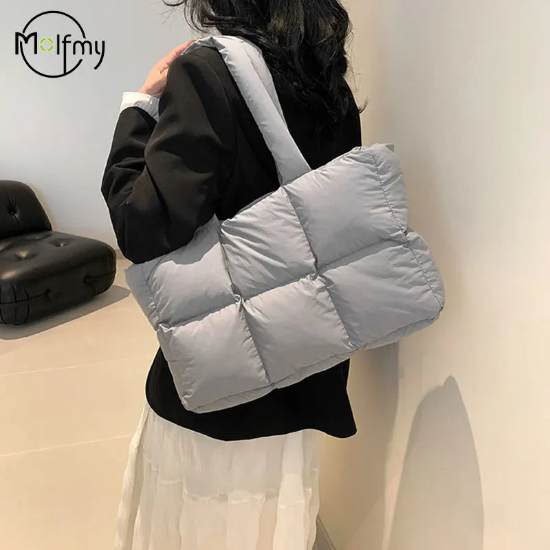 Women Tote Handbags Quilted Plaid Bag Retro Trendy Checkered Waterproof Shoulder Bag Solid Color Winter Soft Large Capacity Bags