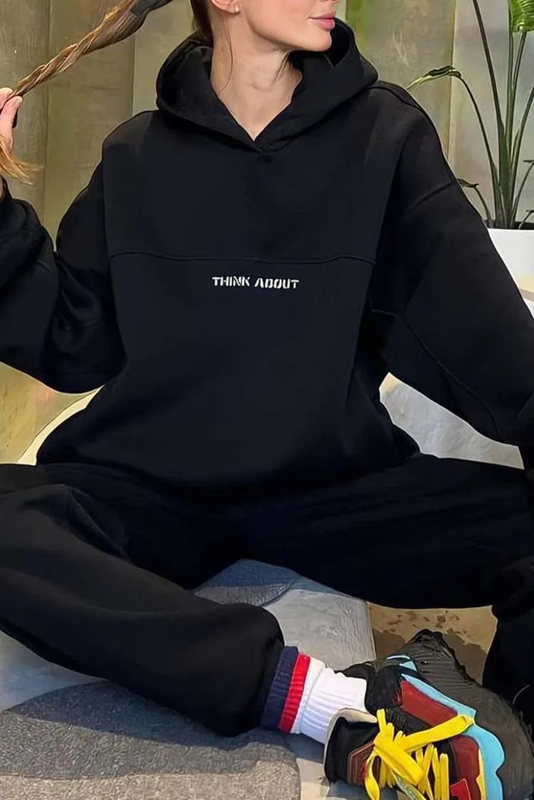 Two Piece Drawstring Set Long Sleeved Letter Print Hoodies Loose Sweatshirt Jogging Pants Outfits Autumn Women Sports Hooded