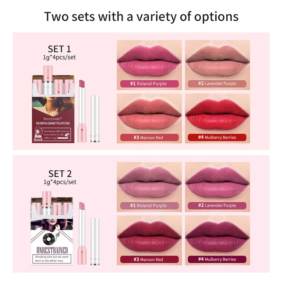 4PCS/Set Matte Long Lasting Waterproof Creative Cigarette Lipstick Set Matt Lip Stick Tube Nude Red Velvet Lip Tint Makeup