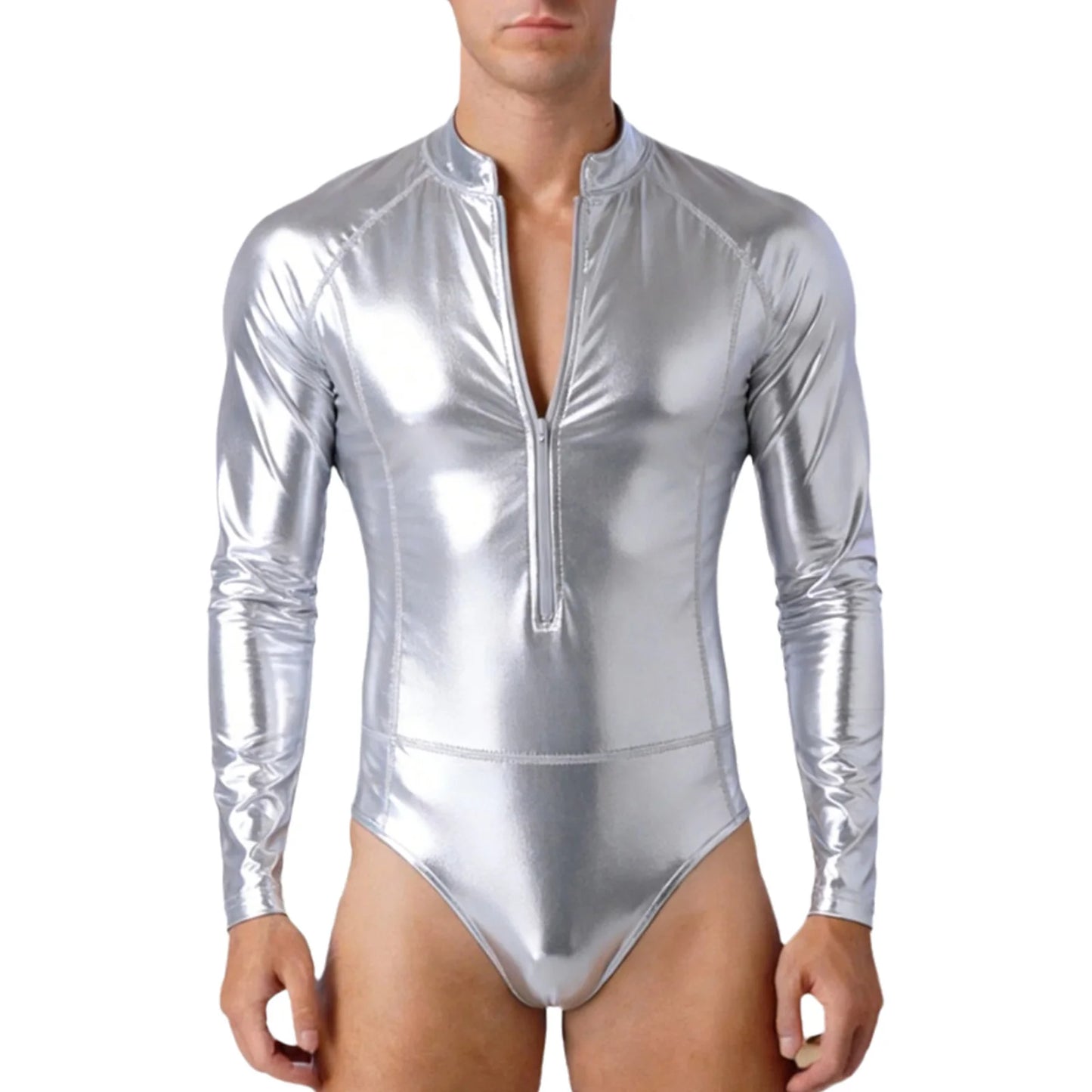 Mens Bathing Suits Swimsuits Metallic Shiny Bodysuit Long Sleeve One-piece for Nightclub Jazz Dance Beach Gymnastics Leotard